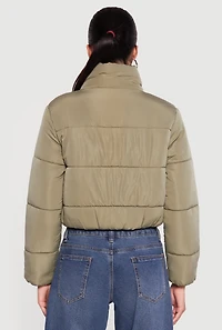 Womens Solid Cropped Zip Front Puffer Jacket, Green, Size M