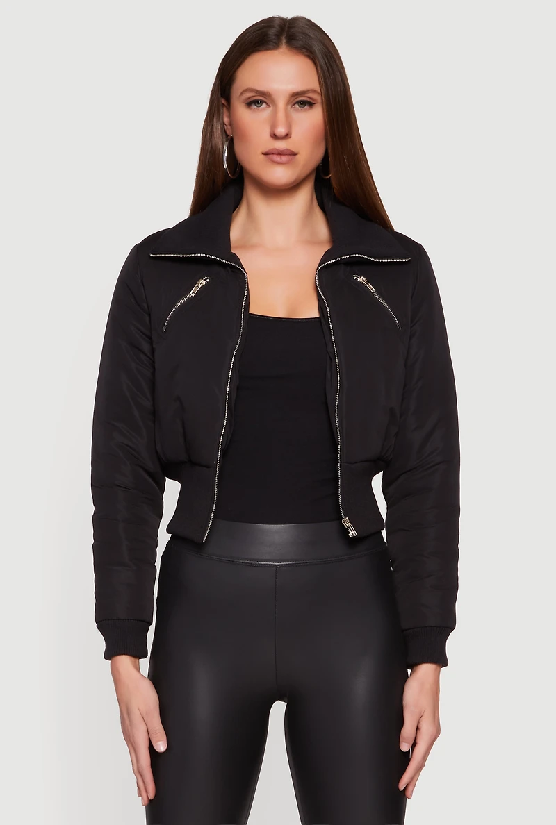 Collared Long Sleeve Zip Front Puffer Jacket