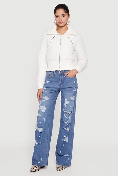 Collared Long Sleeve Zip Front Puffer Jacket