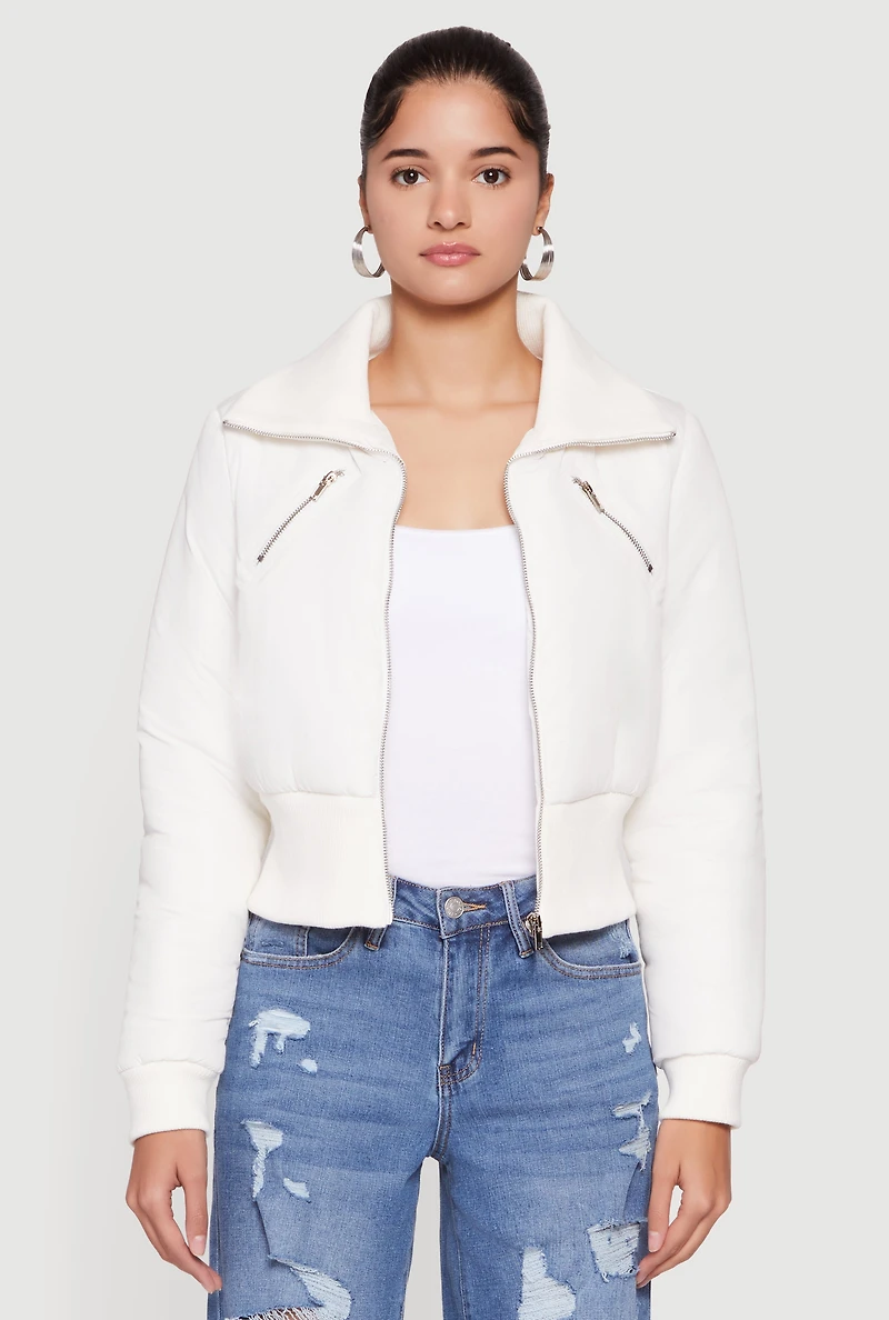 Womens Collared Long Sleeve Zip Front Puffer Jacket, White, Size S