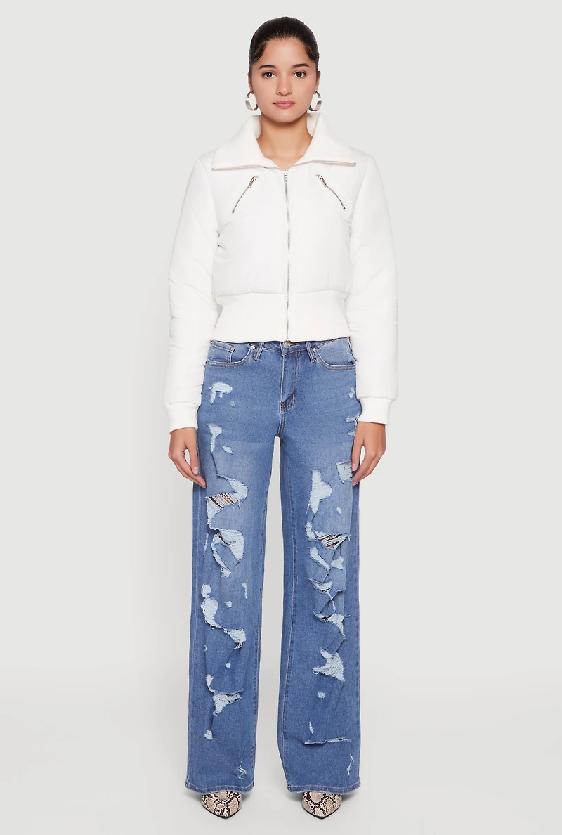 Collared Long Sleeve Zip Front Puffer Jacket