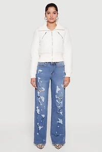 Collared Long Sleeve Zip Front Puffer Jacket