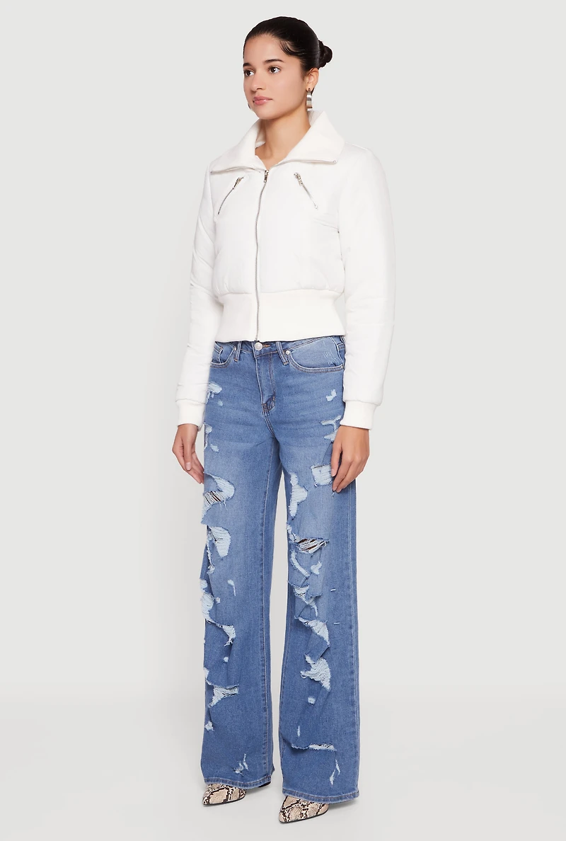 Collared Long Sleeve Zip Front Puffer Jacket