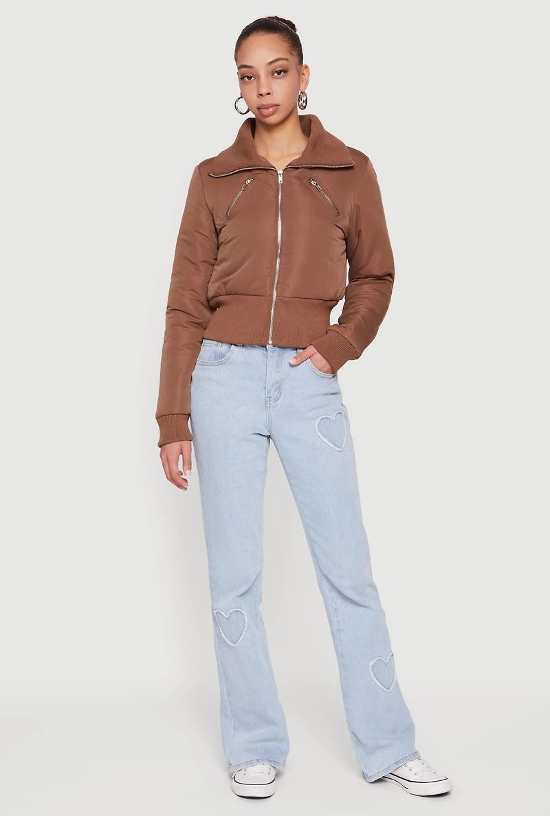 Womens Collared Long Sleeve Zip Front Puffer Jacket, Brown, Size M