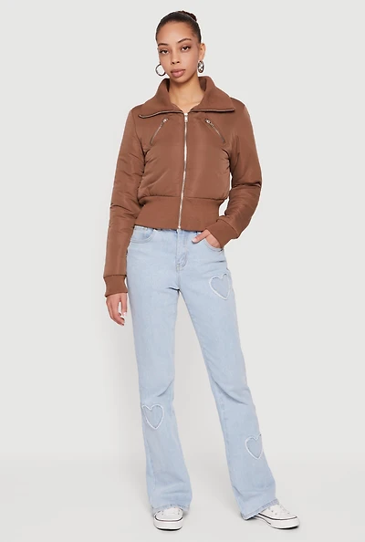 Womens Collared Long Sleeve Zip Front Puffer Jacket, Brown, Size M