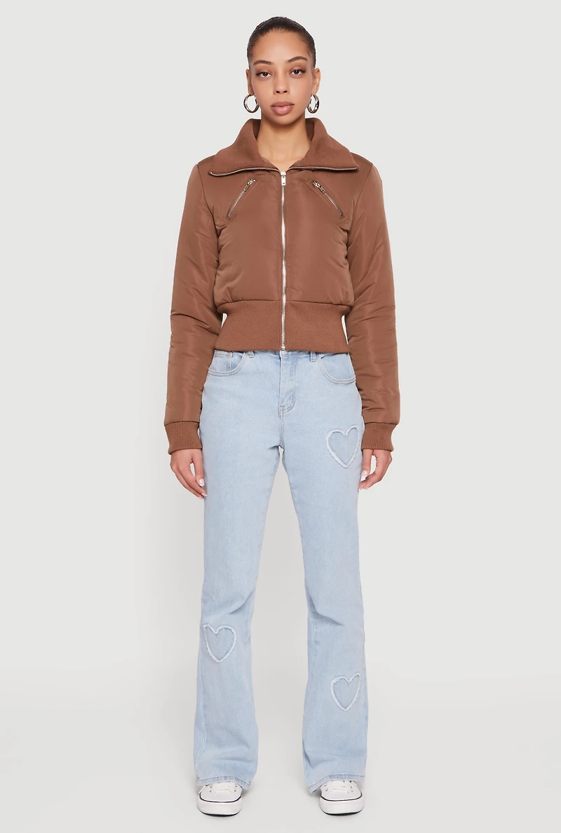 Womens Collared Long Sleeve Zip Front Puffer Jacket, Brown, Size M