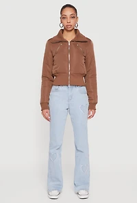 Womens Collared Long Sleeve Zip Front Puffer Jacket, Brown, Size M