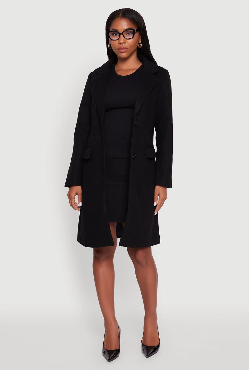 Womens Faux Wool Button Front Long Sleeve Coat, Black, Size M