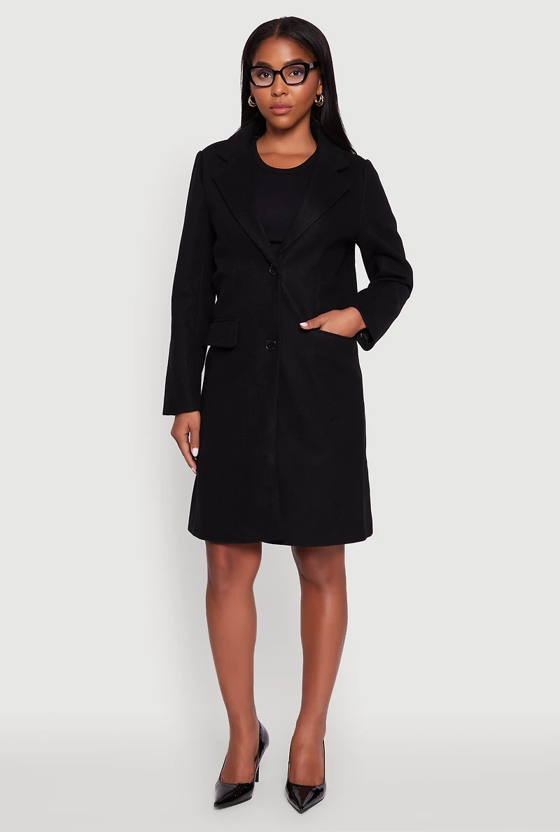 Womens Faux Wool Button Front Long Sleeve Coat, Black, Size M