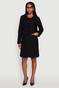 Womens Faux Wool Button Front Long Sleeve Coat, Black, Size M