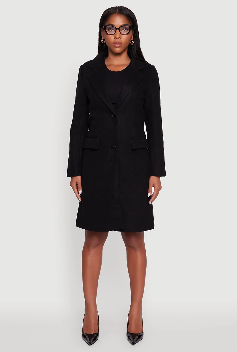 Womens Faux Wool Button Front Long Sleeve Coat, Black, Size M