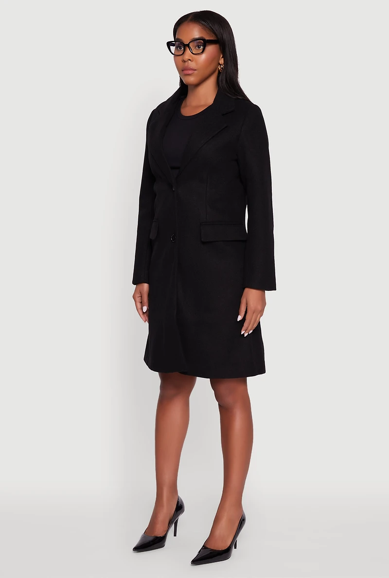 Womens Faux Wool Button Front Long Sleeve Coat, Black, Size M