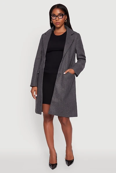 Womens Faux Wool Button Front Long Sleeve Coat, Grey, Size M