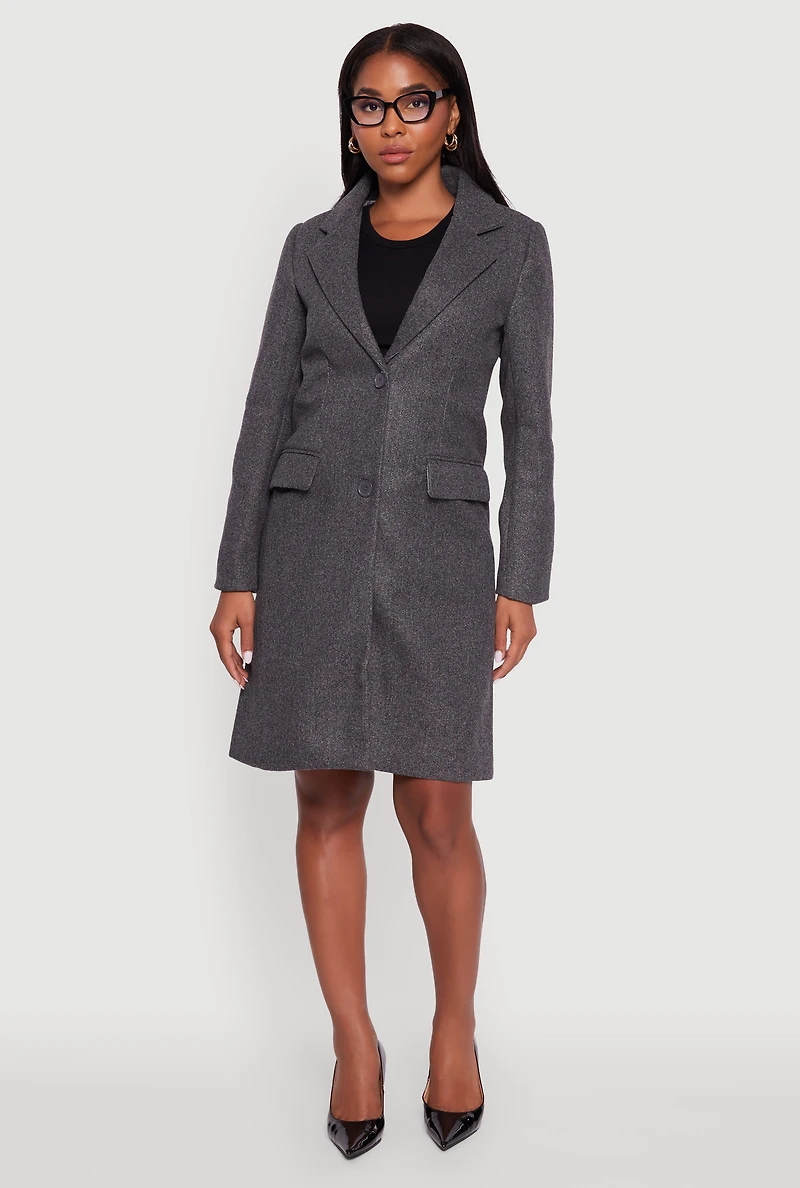 Womens Faux Wool Button Front Long Sleeve Coat, Grey, Size M