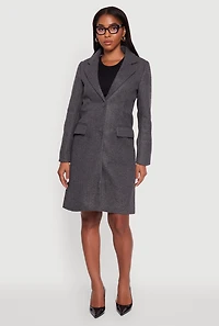 Womens Faux Wool Button Front Long Sleeve Coat, Grey, Size M