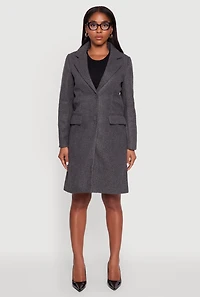 Womens Faux Wool Button Front Long Sleeve Coat, Grey, Size M