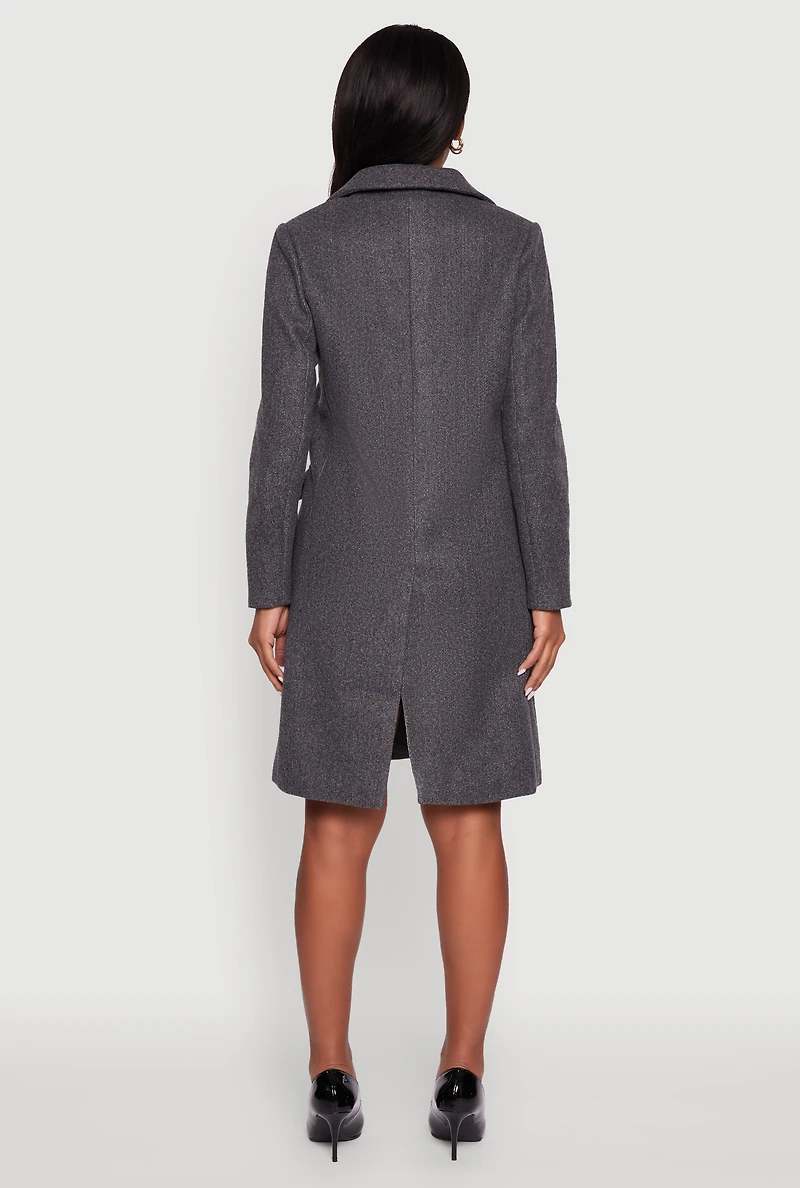 Womens Faux Wool Button Front Long Sleeve Coat, Grey, Size M