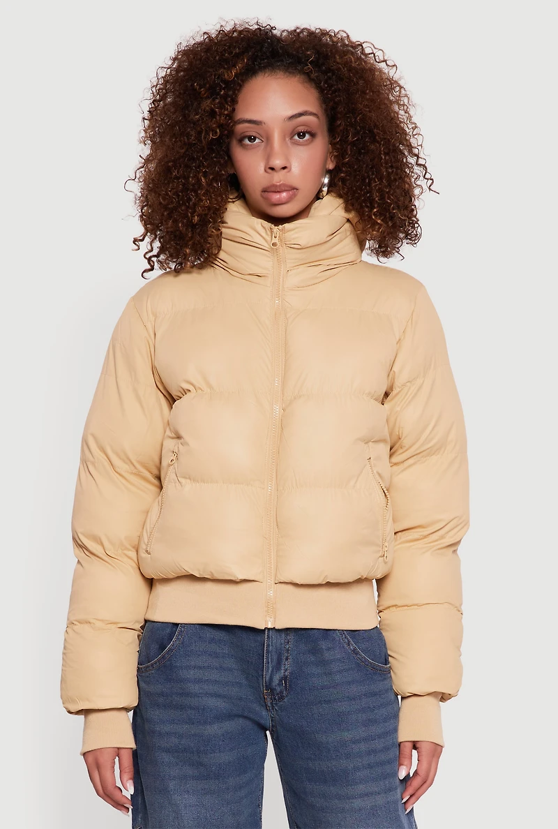Womens Zip Front Puffer Jacket with Removable Hood, Beige, Size L