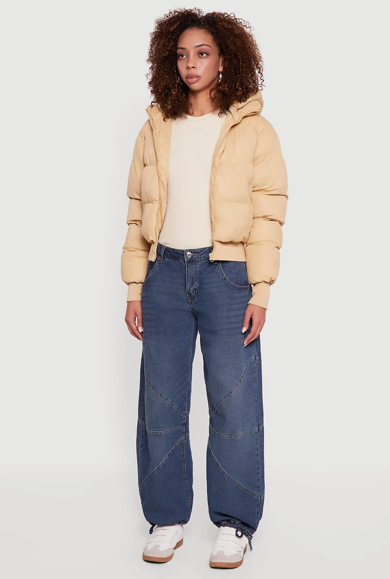 Womens Zip Front Puffer Jacket with Removable Hood, Beige, Size M