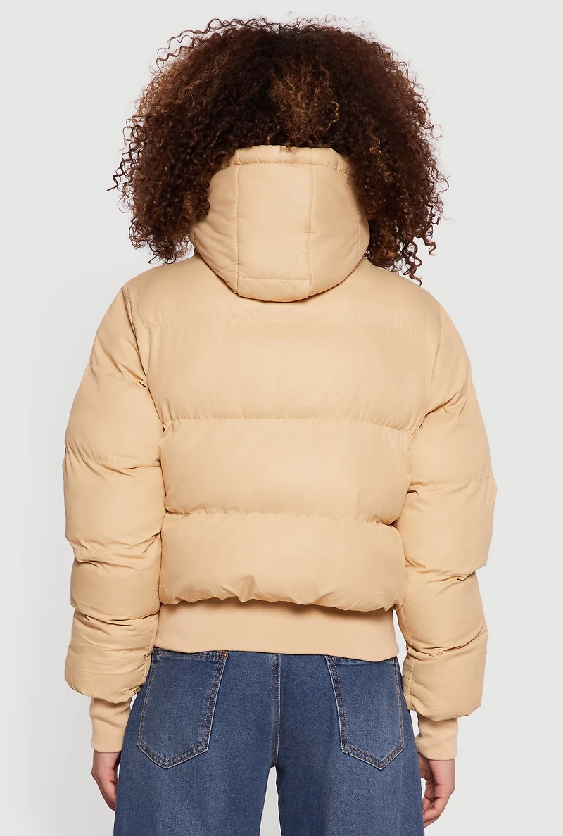 Womens Zip Front Puffer Jacket with Removable Hood, Beige, Size M