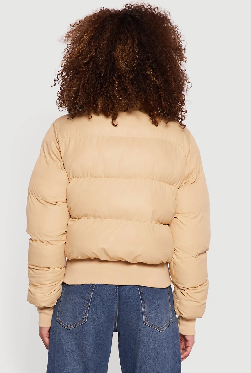 Womens Zip Front Puffer Jacket with Removable Hood, Beige, Size L