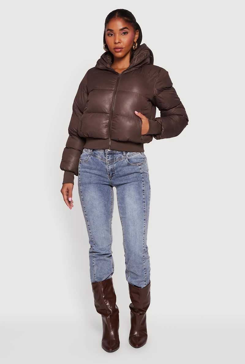 Womens Zip Front Puffer Jacket with Removable Hood, M