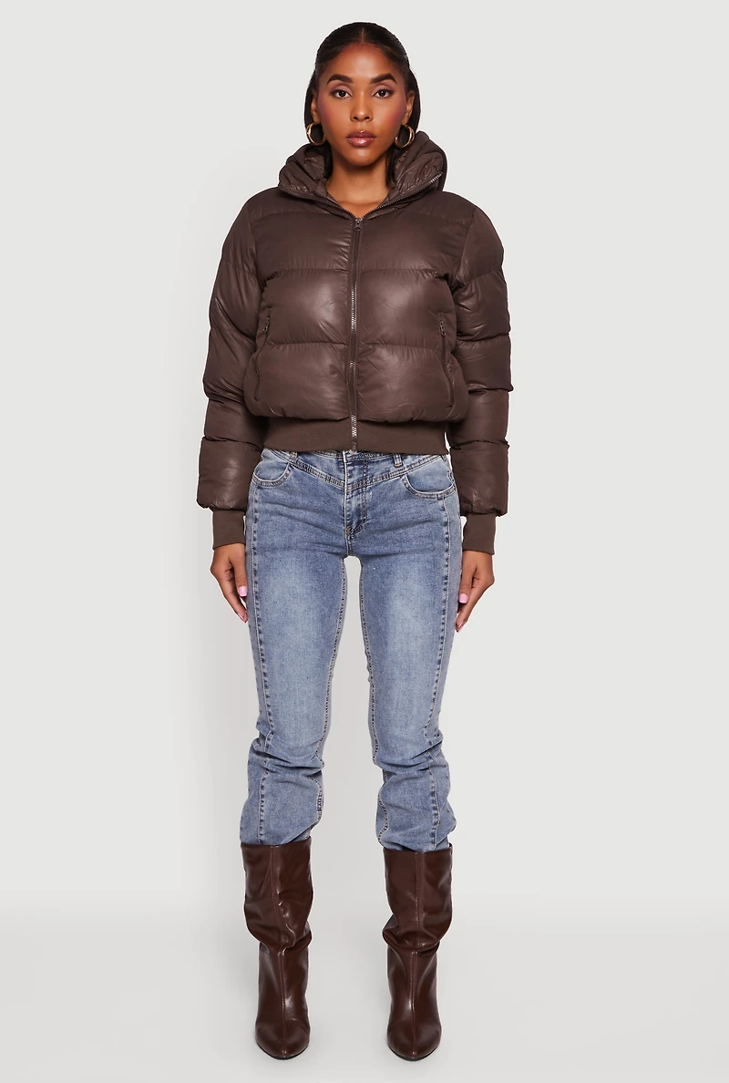 Womens Zip Front Puffer Jacket with Removable Hood, M