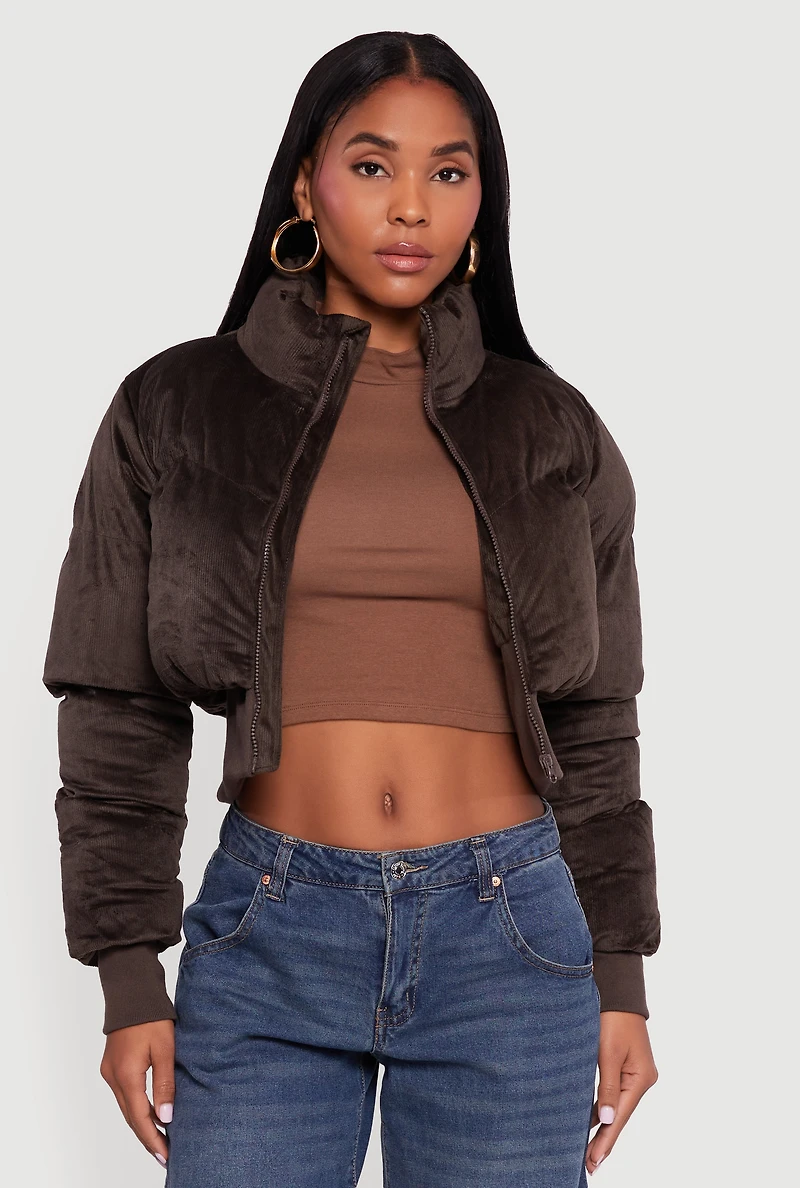 Corduroy Zip Front Mock Neck Cropped Puffer Jacket