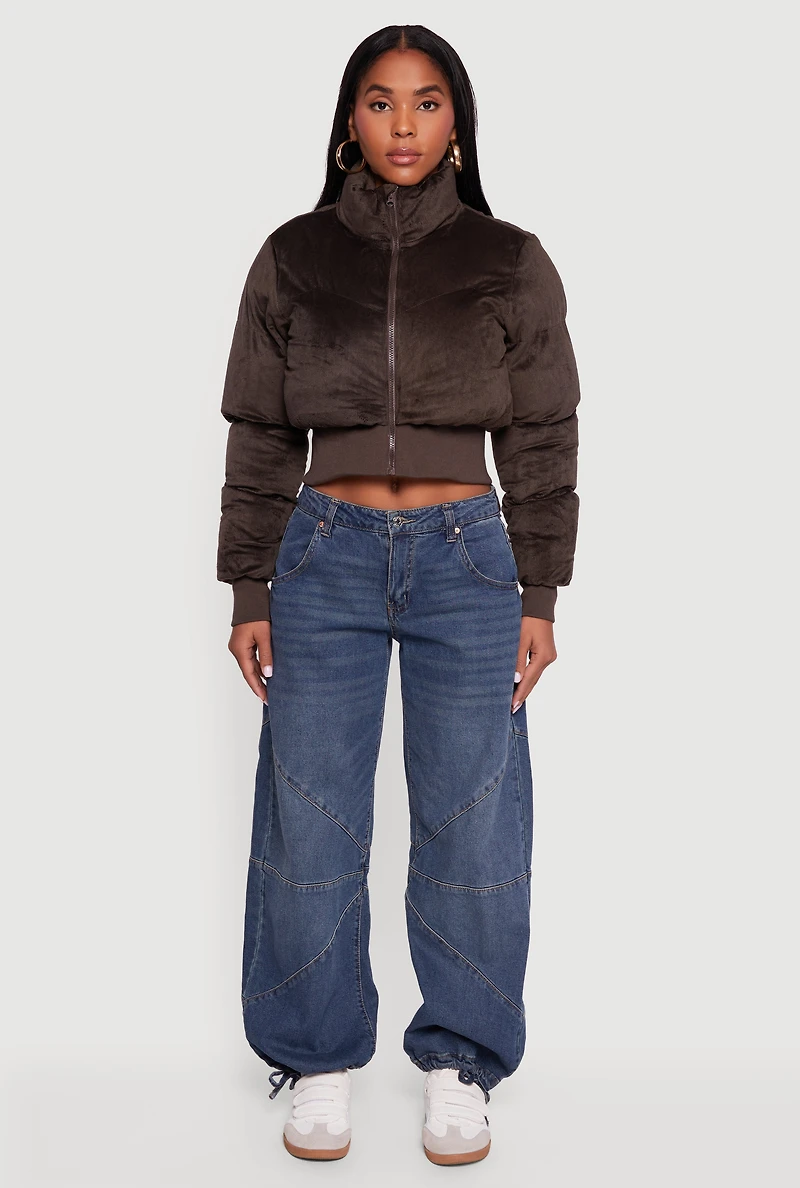 Corduroy Zip Front Mock Neck Cropped Puffer Jacket
