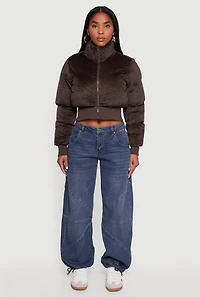 Corduroy Zip Front Mock Neck Cropped Puffer Jacket