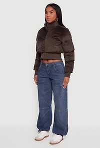 Corduroy Zip Front Mock Neck Cropped Puffer Jacket