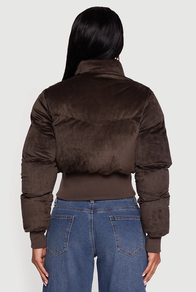 Corduroy Zip Front Mock Neck Cropped Puffer Jacket