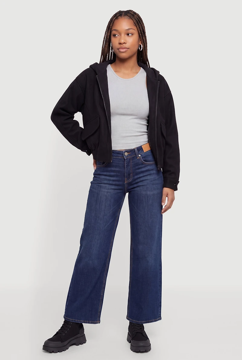Slant Pocket Zip Front Hooded Bomber Jacket