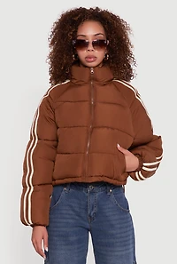 Womens Stripe Detail Zip Front Puffer Jacket, Brown, Size M