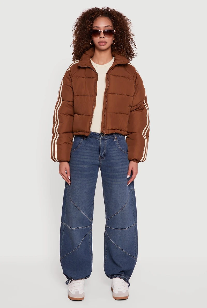 Womens Stripe Detail Zip Front Puffer Jacket, Brown, Size M