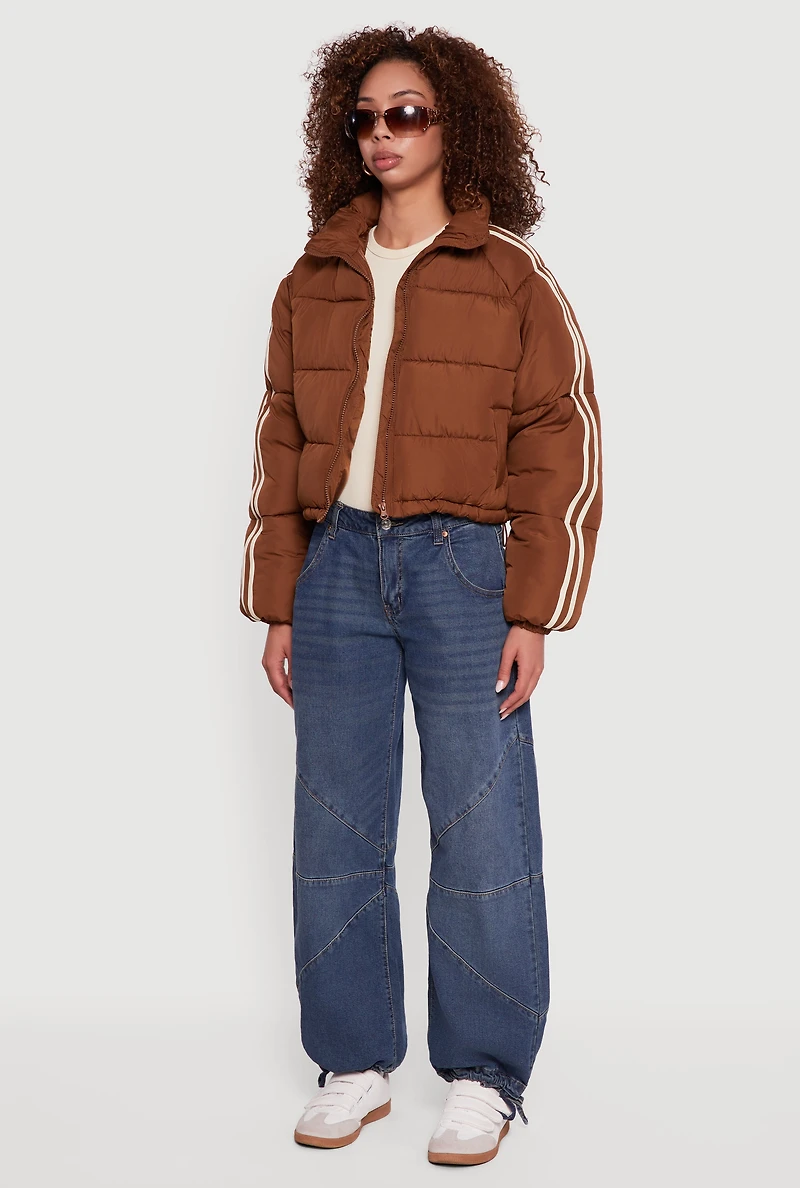 Womens Stripe Detail Zip Front Puffer Jacket, Brown, Size M