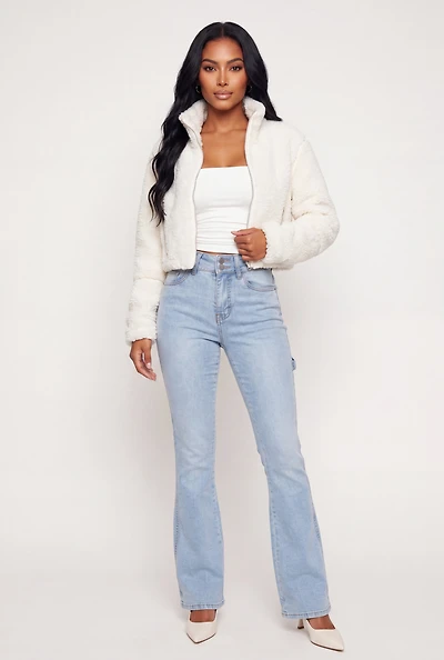 Faux Leather Detail Zip Front Sherpa Jacket