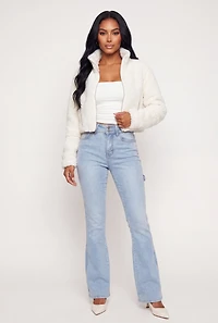 Faux Leather Detail Zip Front Sherpa Jacket