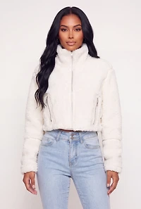 Faux Leather Detail Zip Front Sherpa Jacket