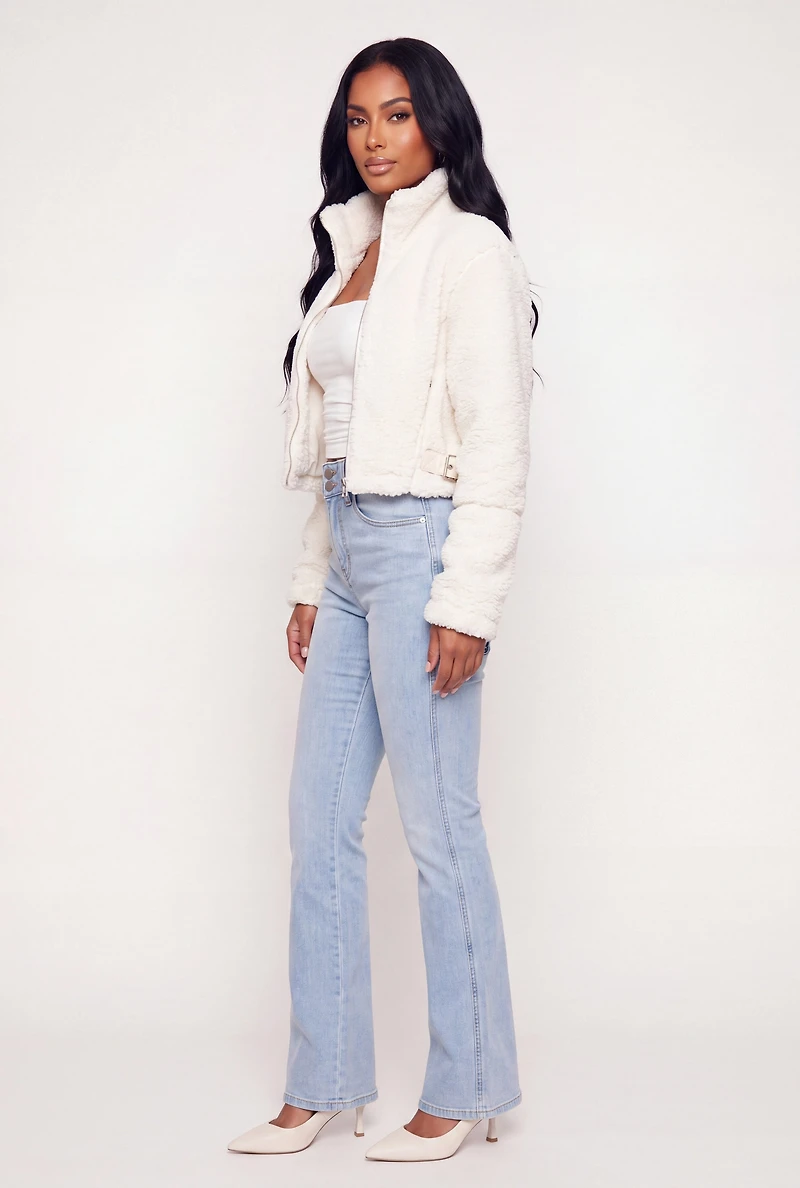 Faux Leather Detail Zip Front Sherpa Jacket