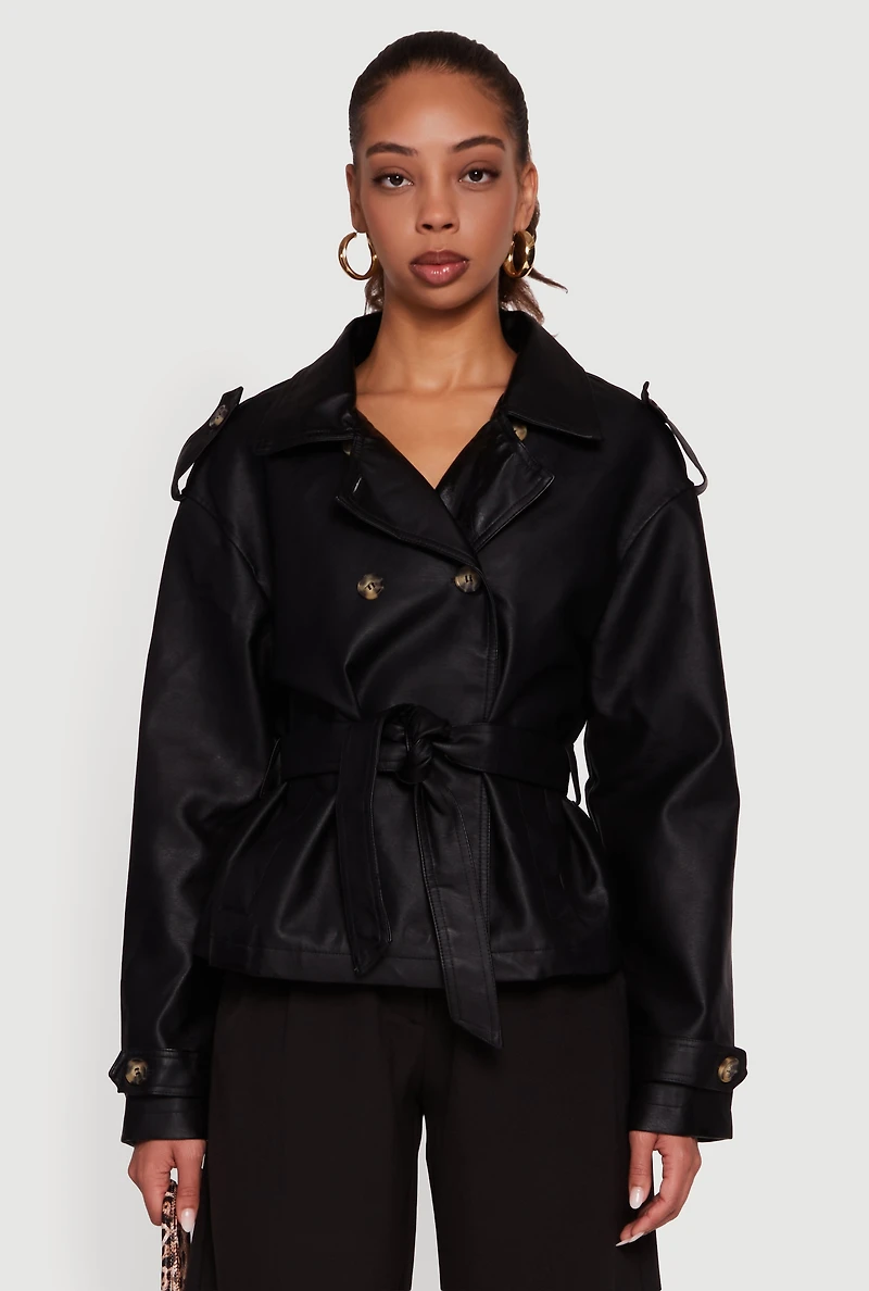 Faux Leather Double Breasted Short Trench Coat