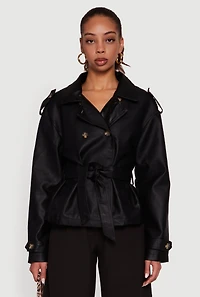 Faux Leather Double Breasted Short Trench Coat