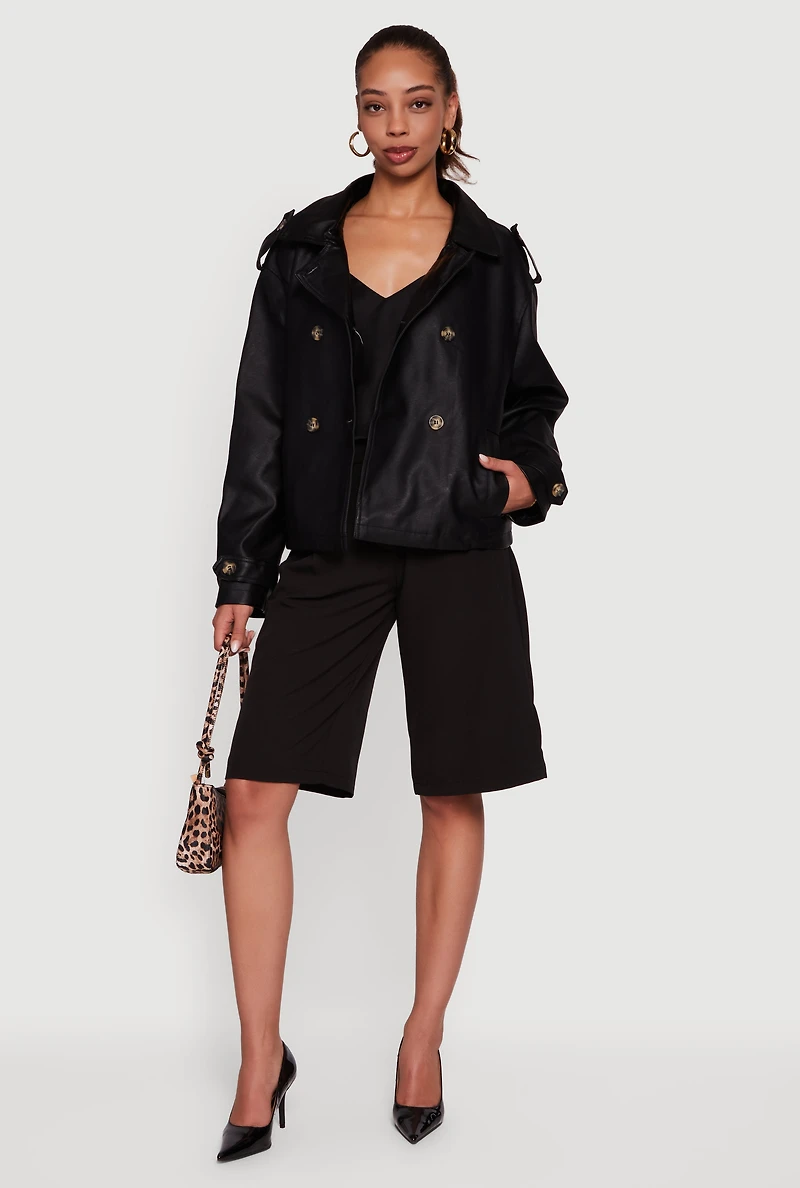 Faux Leather Double Breasted Short Trench Coat