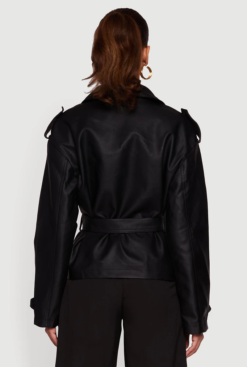 Faux Leather Double Breasted Short Trench Coat