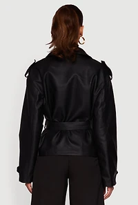Faux Leather Double Breasted Short Trench Coat