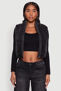 Womens Faux Leather Mock Neck Puffer Vest,