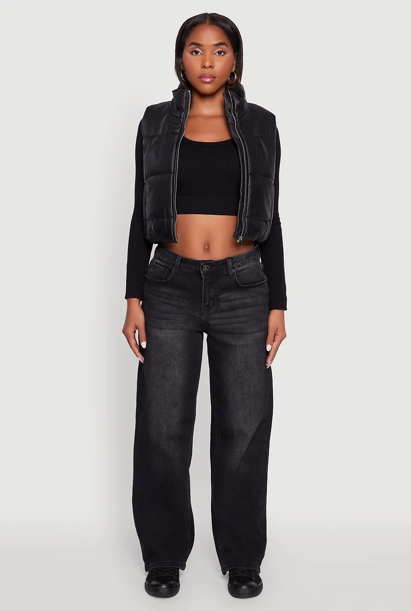 Womens Faux Leather Mock Neck Puffer Vest,