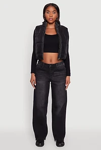 Womens Faux Leather Mock Neck Puffer Vest,