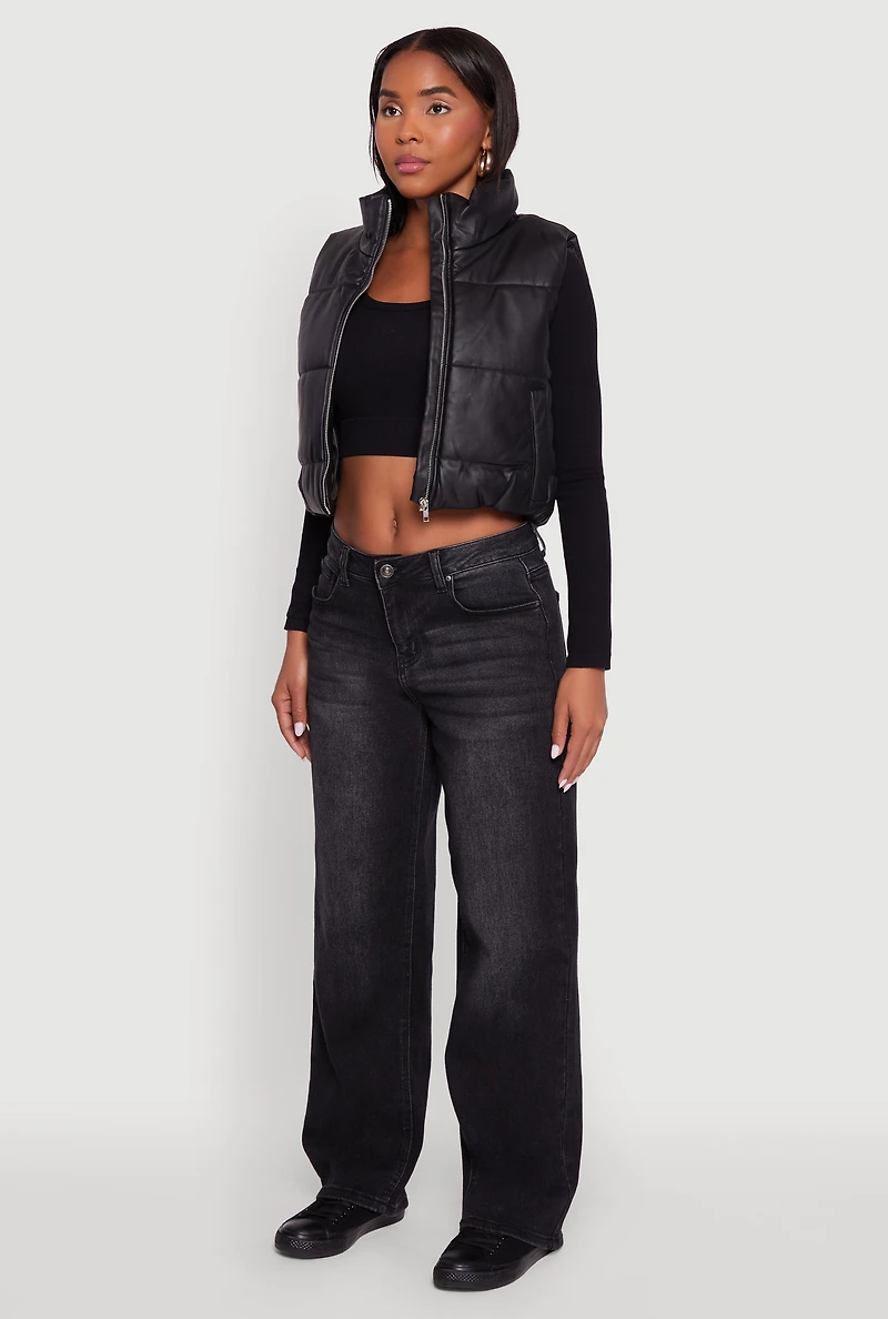 Womens Faux Leather Mock Neck Puffer Vest,