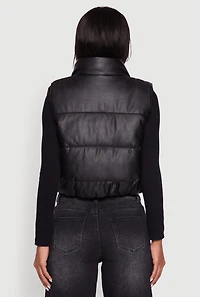 Womens Faux Leather Mock Neck Puffer Vest,